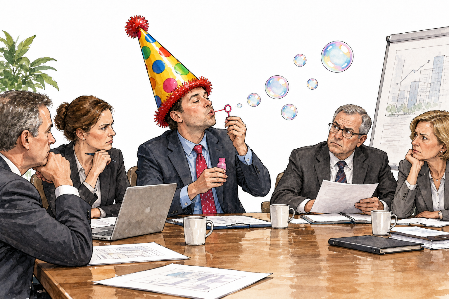 An adult wears a silly oversized party hat and blows bubbles during a serious planning meeting, trivial unserious behavior without text.