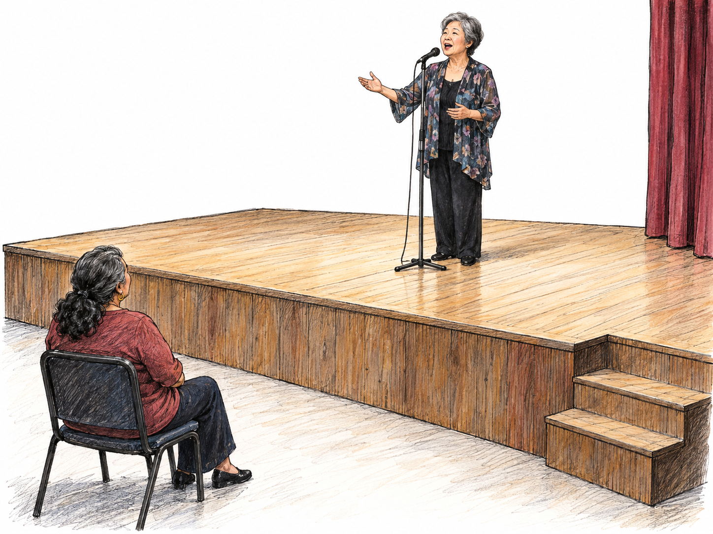A singer performs on a visibly raised wooden stage while an audience member sits below its front edge.