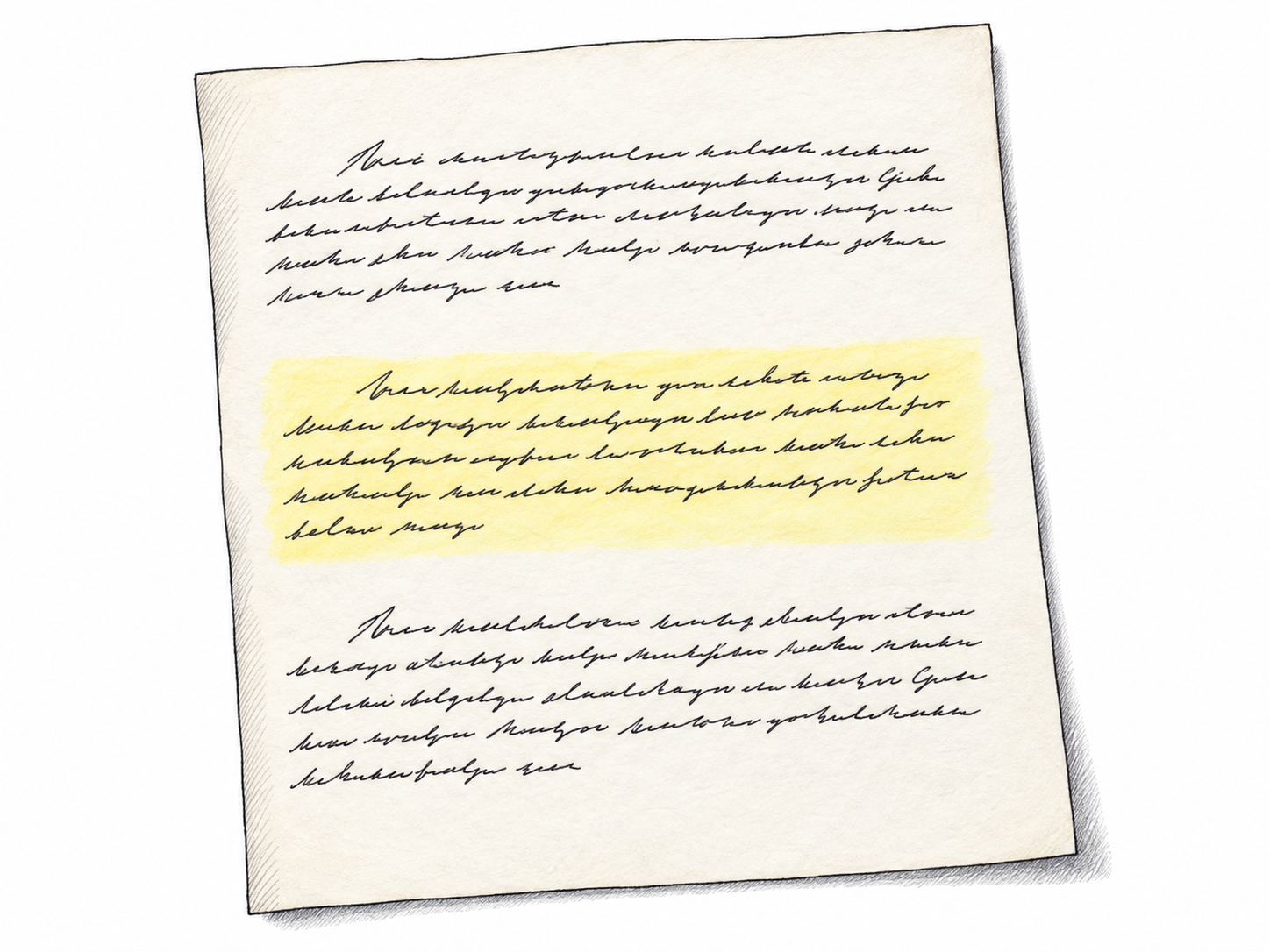 A manuscript page with three clearly separated prose paragraphs, the middle paragraph lightly highlighted as one complete unit.