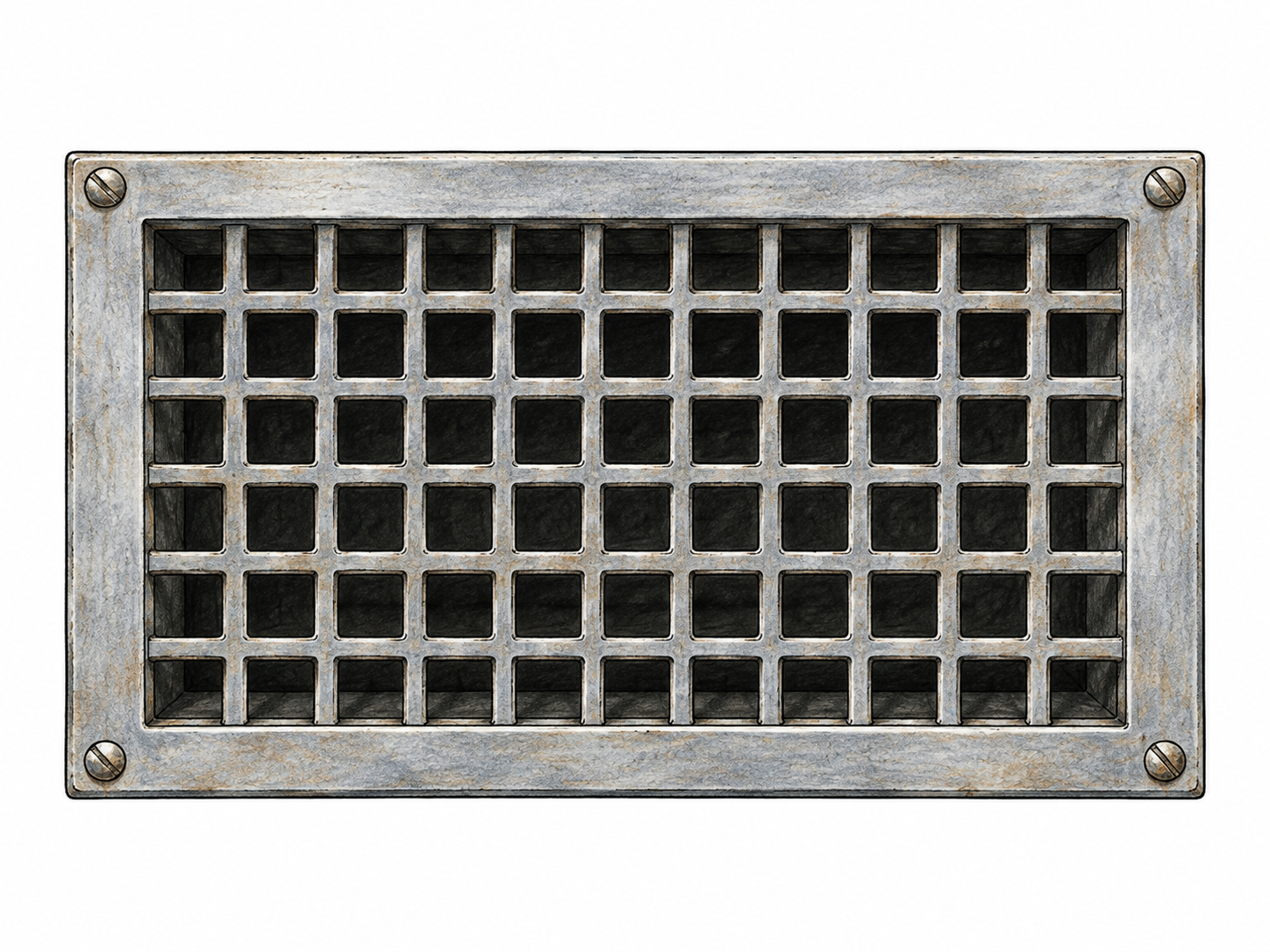 Rectangular metal grille with regular open lattice squares set into a small ventilation opening, dark air gap visible through holes; isolated object on white, no car or room backdrop.
