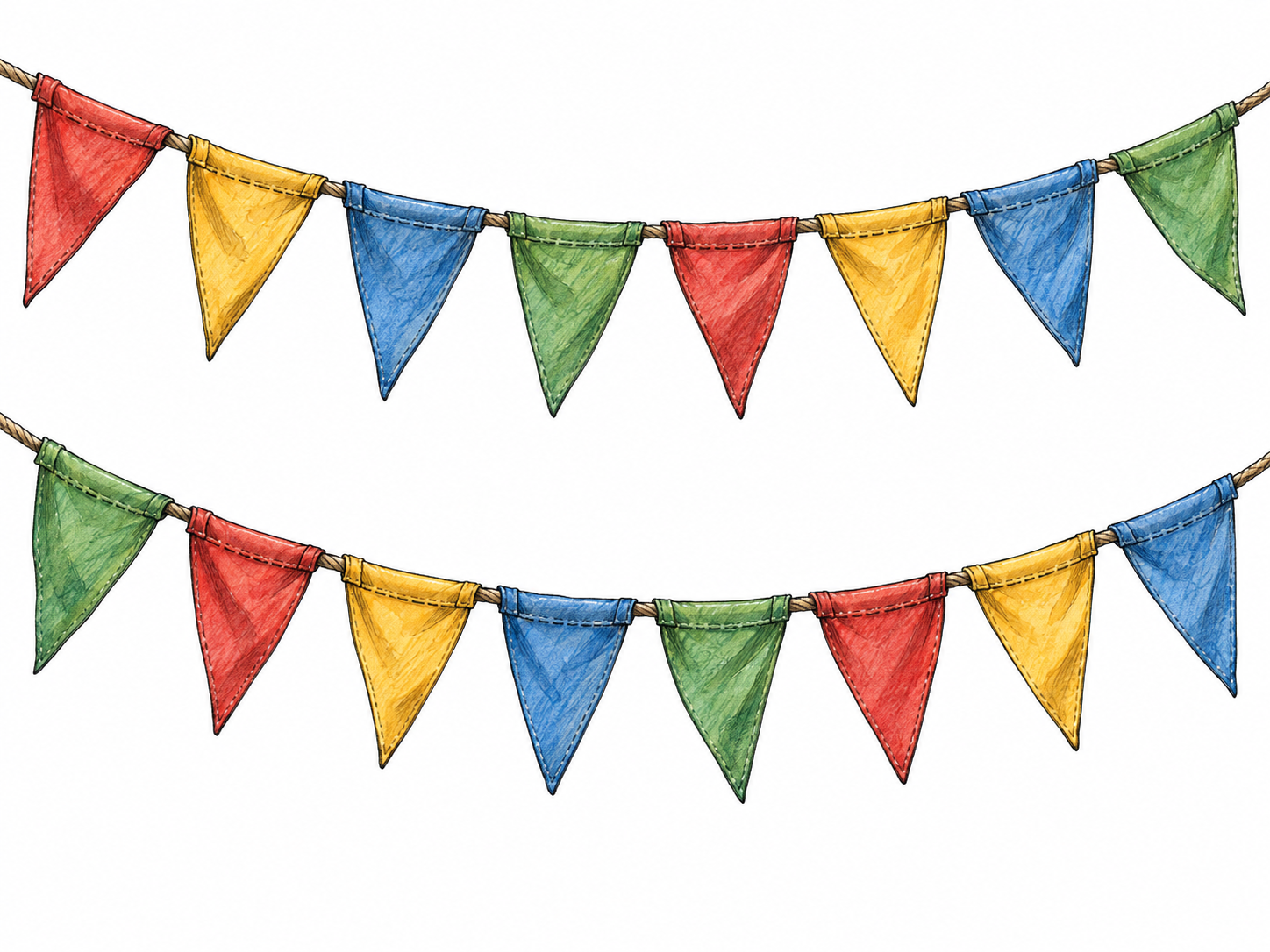 Two gently sagging strings of colorful triangular cloth pennants hung as festive bunting, with visible fabric folds and stitched attachments.