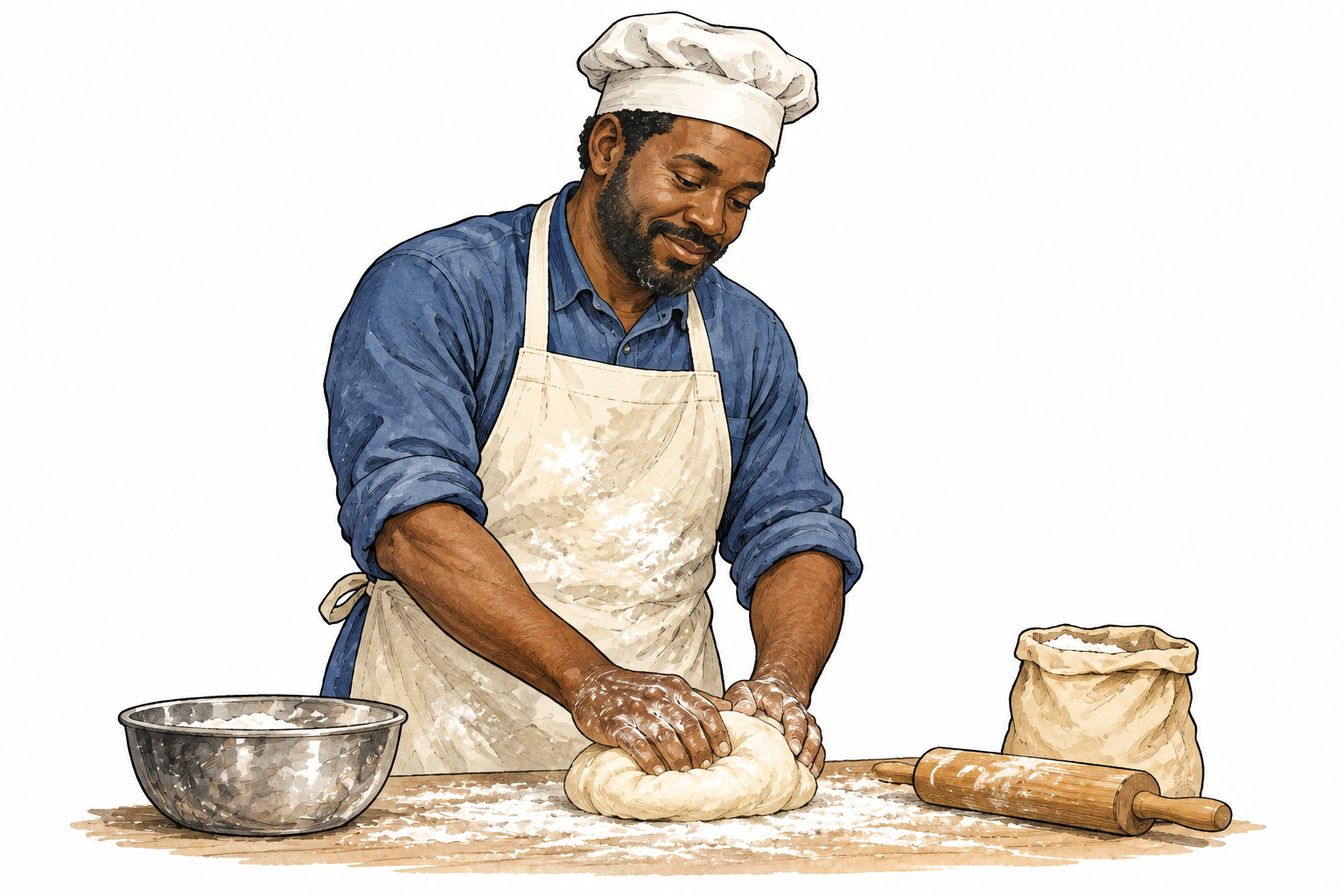 A Black male baker wears a cream apron over blue clothing, flour on apron protecting his clothing.