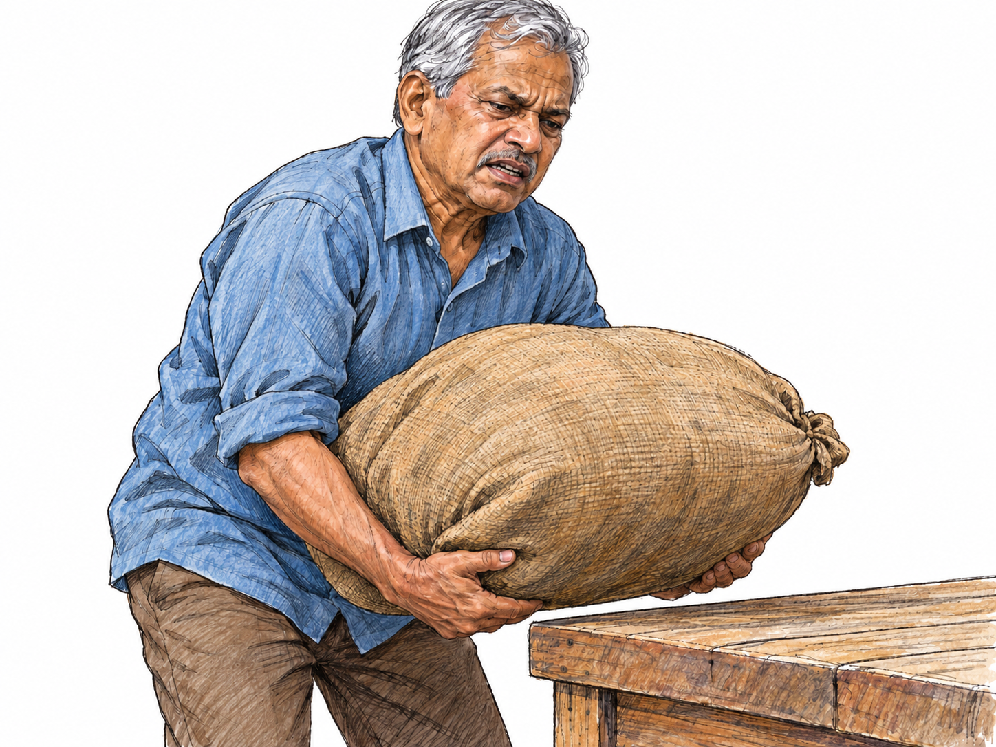 A close, face-led view of an older man giving an effort grunt as he raises a heavy sack against a low platform.