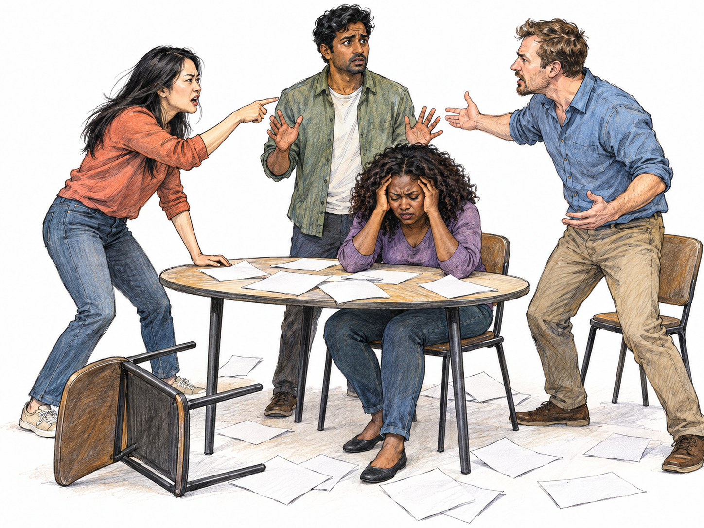 A meeting in turmoil: several adults argue across a small table with conflicting gestures while a distressed participant stands between them; an overturned chair and scattered papers make the disturbance unmistakable.