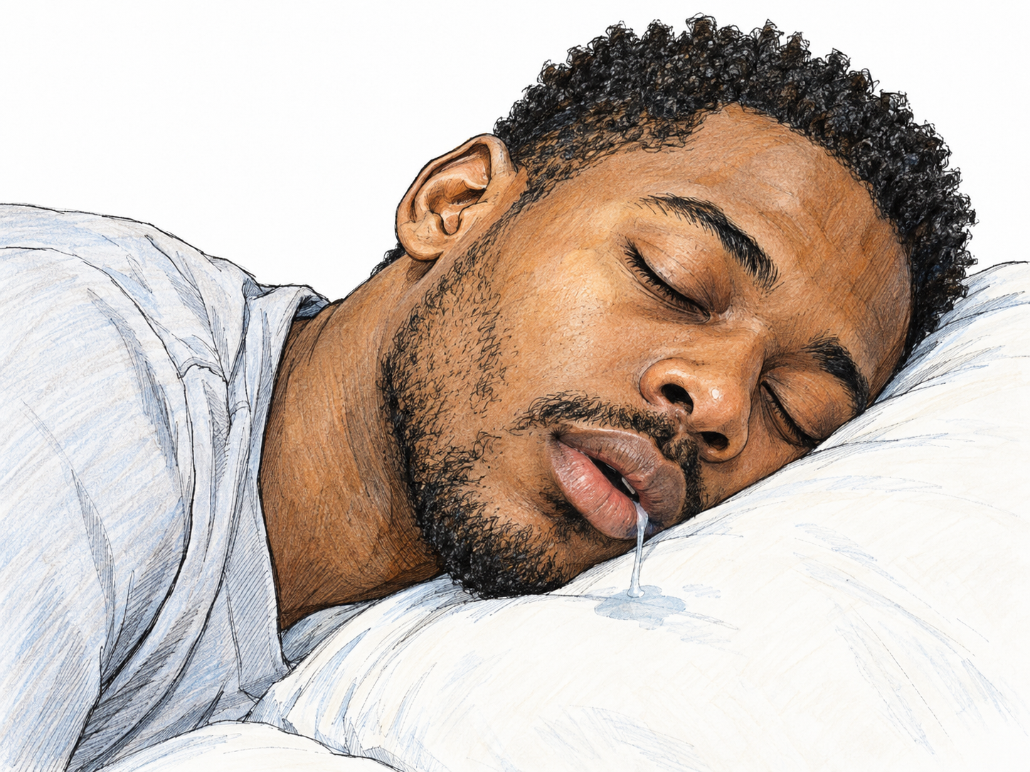 Close-up of a young adult man asleep with his head tilted sideways, a thin strand of saliva visibly running from his slightly open mouth down his chin toward a small damp patch on his pillow.