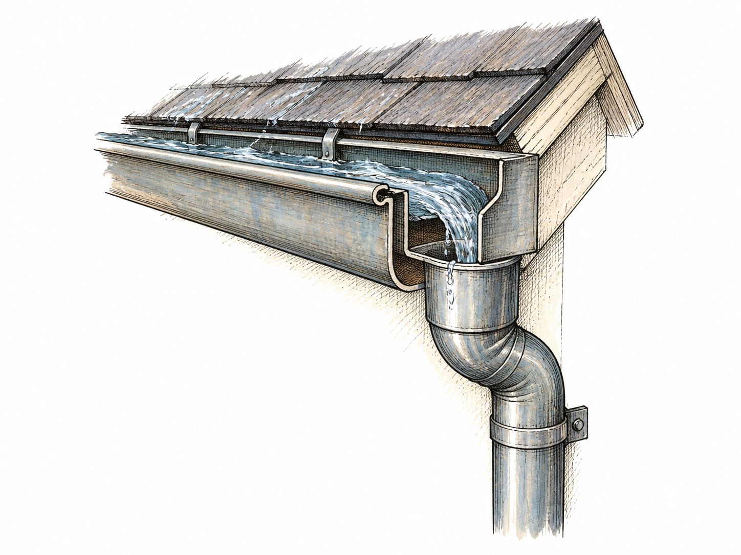 Short roof-eave corner with rainwater collected in gutter and flowing into downspout, visible channel cross section, no whole house or landscape.