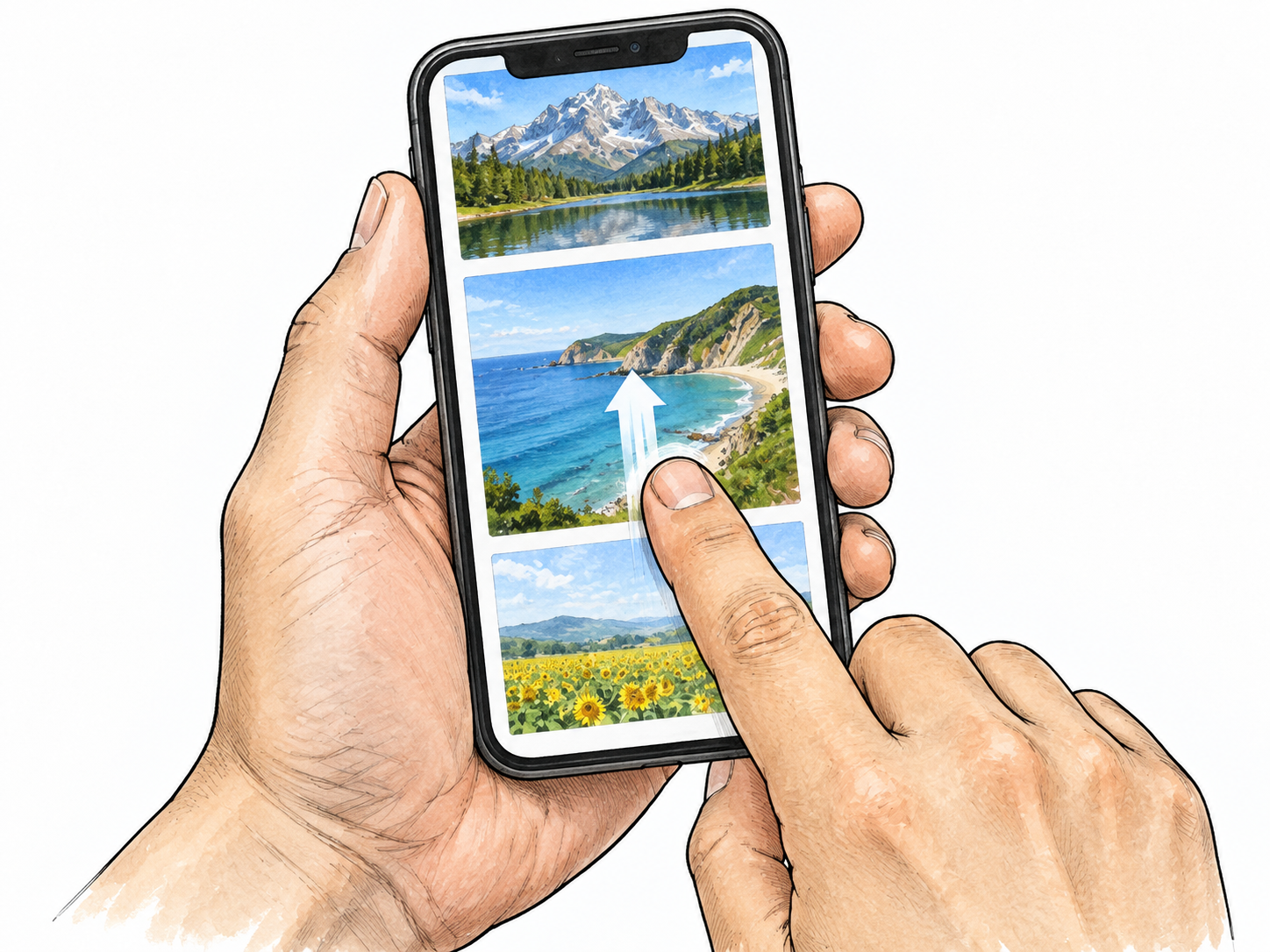 Close view of an adult finger swiping upward on a smartphone displaying stacked landscape pictures, next picture moving into view; no app text, logos or keyboard letters.
