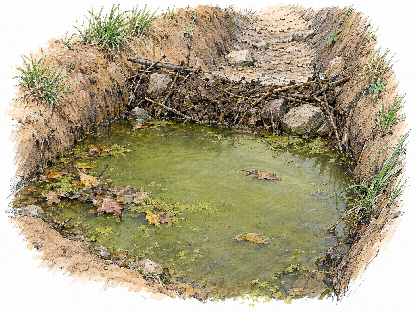 A shallow drainage channel has become a stagnant pool behind a blockage: trapped leaves, a continuous film of green algae, and an undisturbed surface contrast with the dry channel beyond the obstruction.