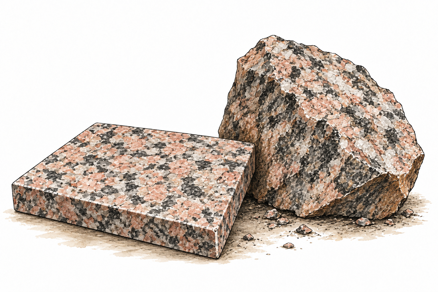 A cut slab of speckled granite beside a rough chunk of the same coarse crystalline rock, distinct pink gray black mineral grains, no labels.