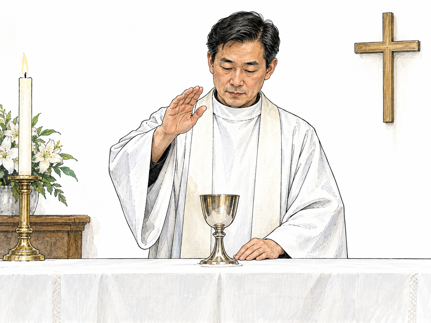 Minister sets a plain chalice aside on clean white altar cloth and raises a blessing hand over it, deliberate consecration for sacred use, small cross on wall allowed as functional religious symbol, no text.