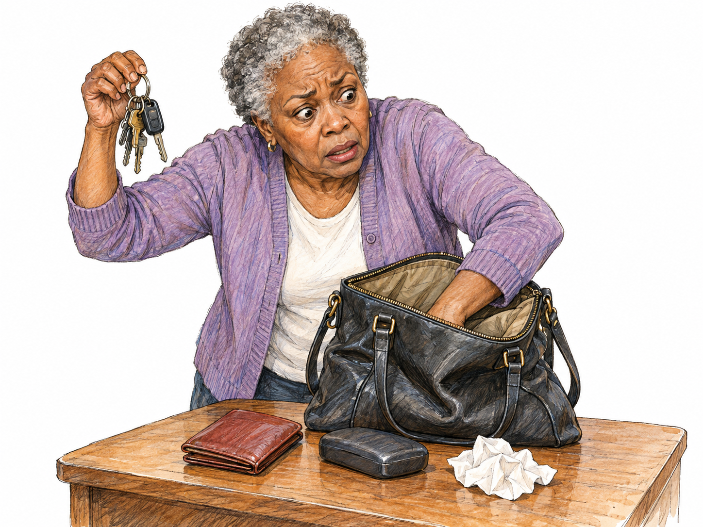 An older woman in a flustered tizzy searches an open handbag for keys she is already clutching, with its contents scattered across a small entry table.
