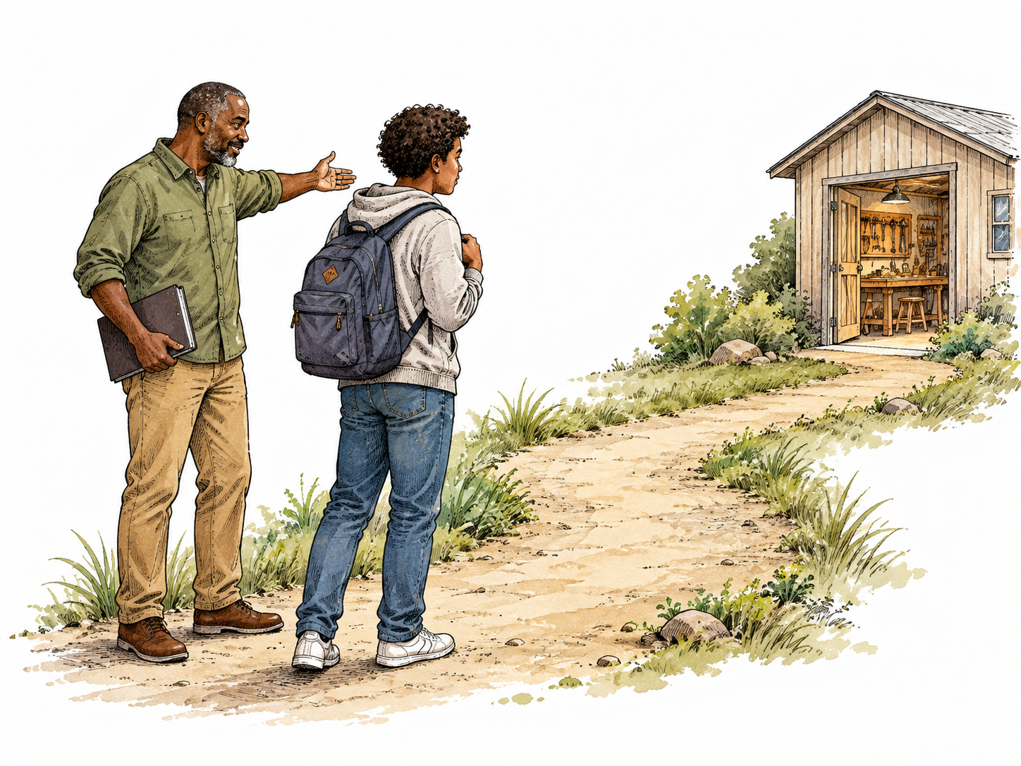 A Black mentor's encouraging gesture helps a younger adult choose a path toward a workshop.