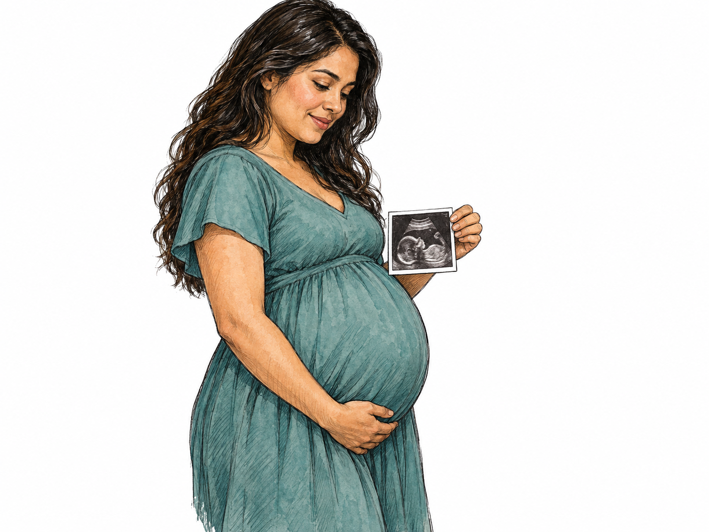 A visibly late-pregnancy woman in three-quarter profile gently supports her prominent rounded abdomen, with a small fetal ultrasound print held beside it to distinguish pregnancy from ordinary body shape.