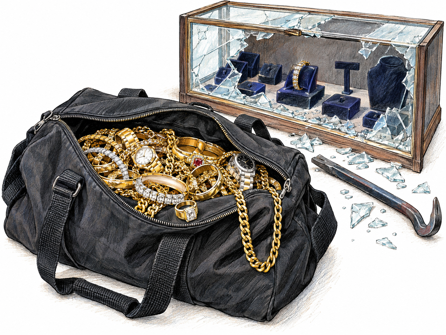 An open getaway duffel overflowing with jewelry beside a smashed jewelry display case, making the stolen goods the dominant subject.