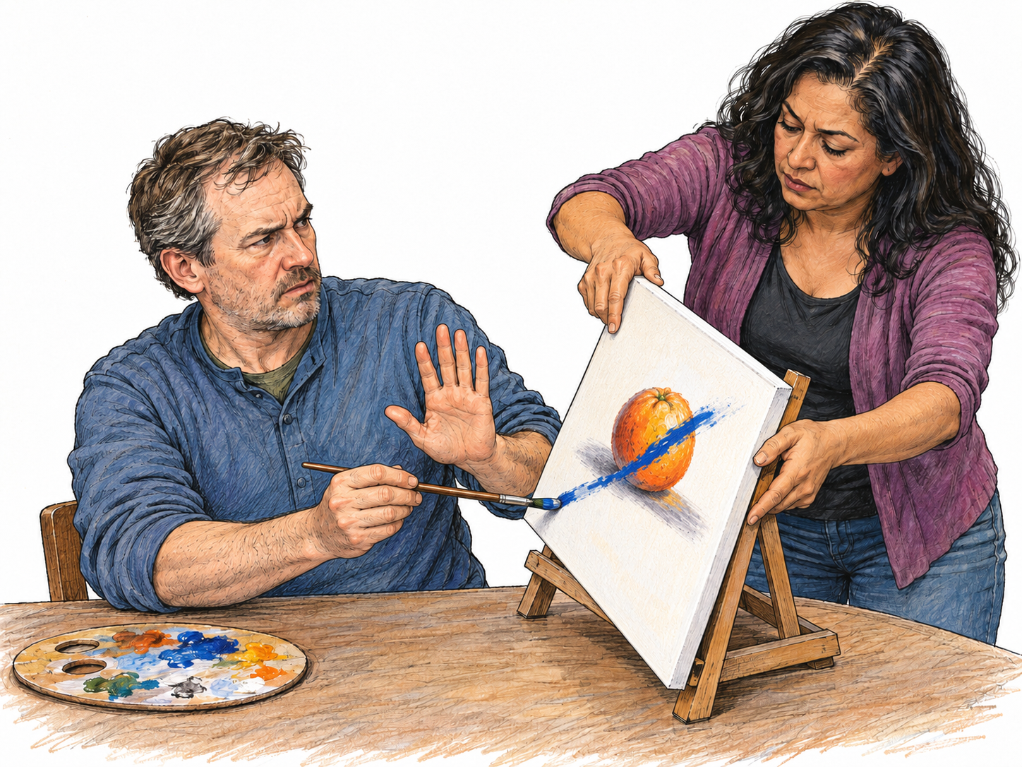 A woman interferes with a man's painting by turning his tabletop canvas while his brush is touching it, causing an obvious stray streak; he raises his free hand to stop her.