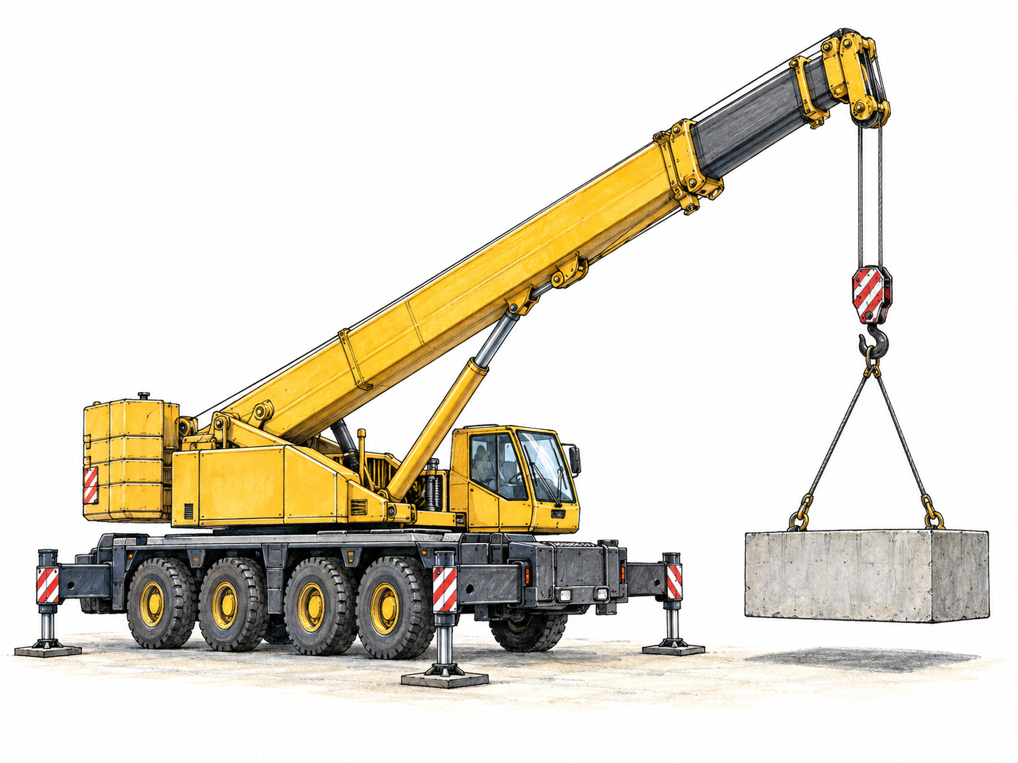 A mobile construction crane lifts a heavy concrete block using a long raised boom, taut hoist cable, hook and secure lifting slings.