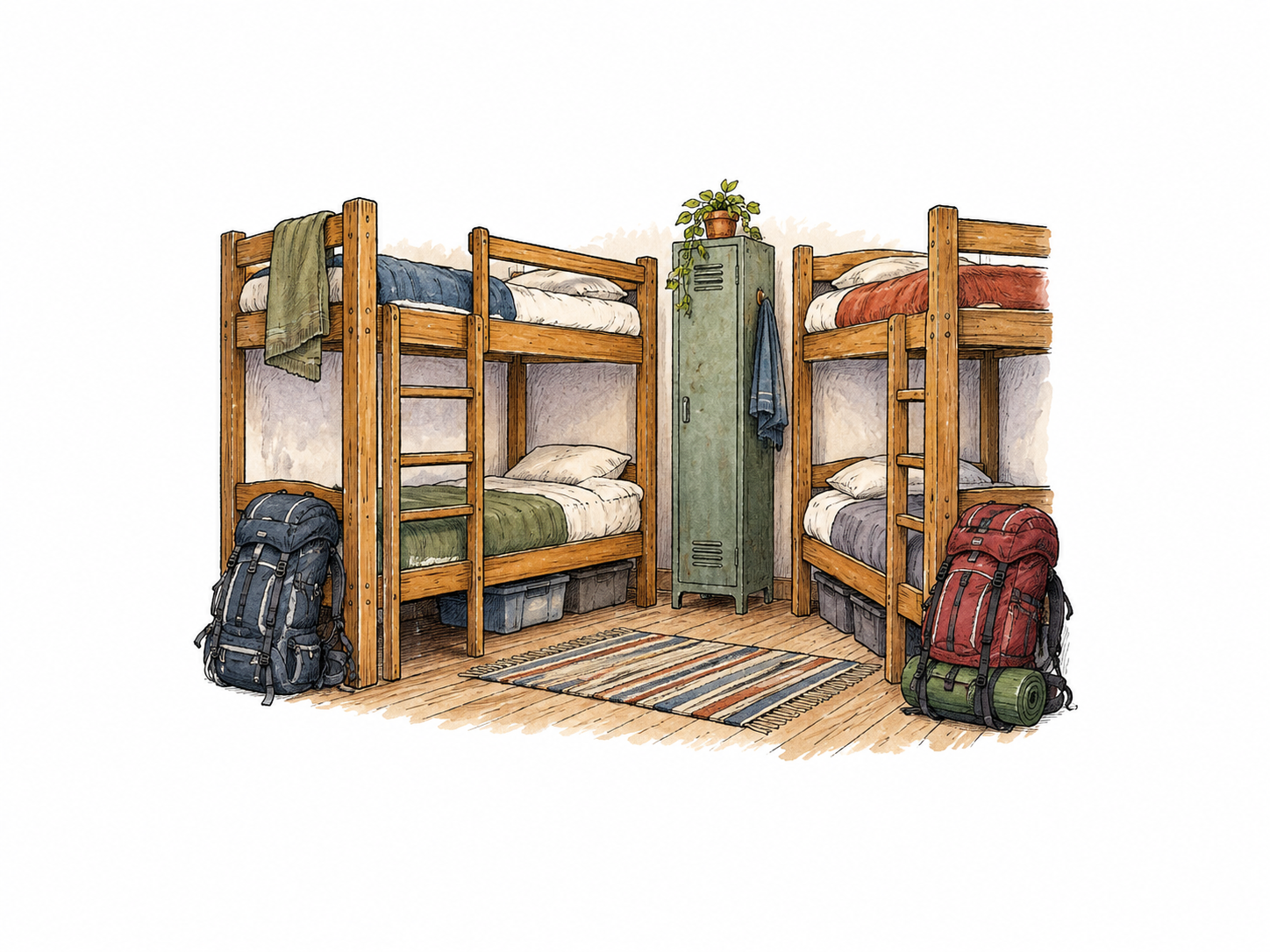 Compact hostel shared room fragment with two bunk beds and two travelers' backpacks, simple inexpensive lodging, no people in beds.