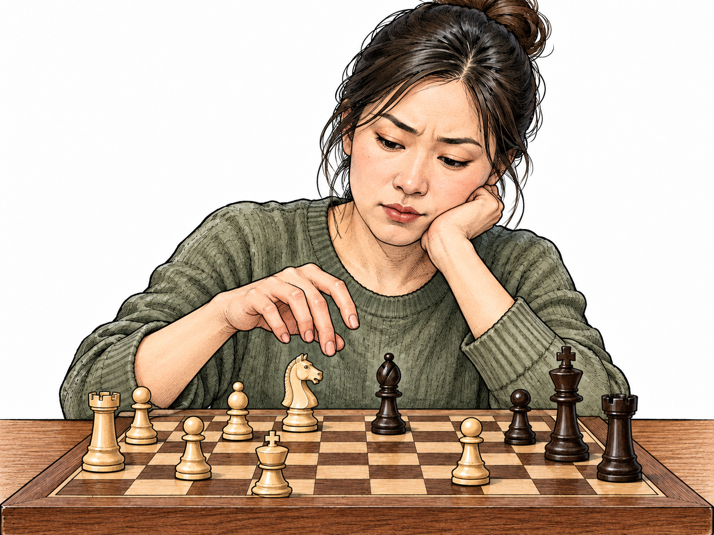 At a chessboard a hand hovers between two possible moves while the player pauses in doubt; hesitation as the pause itself.