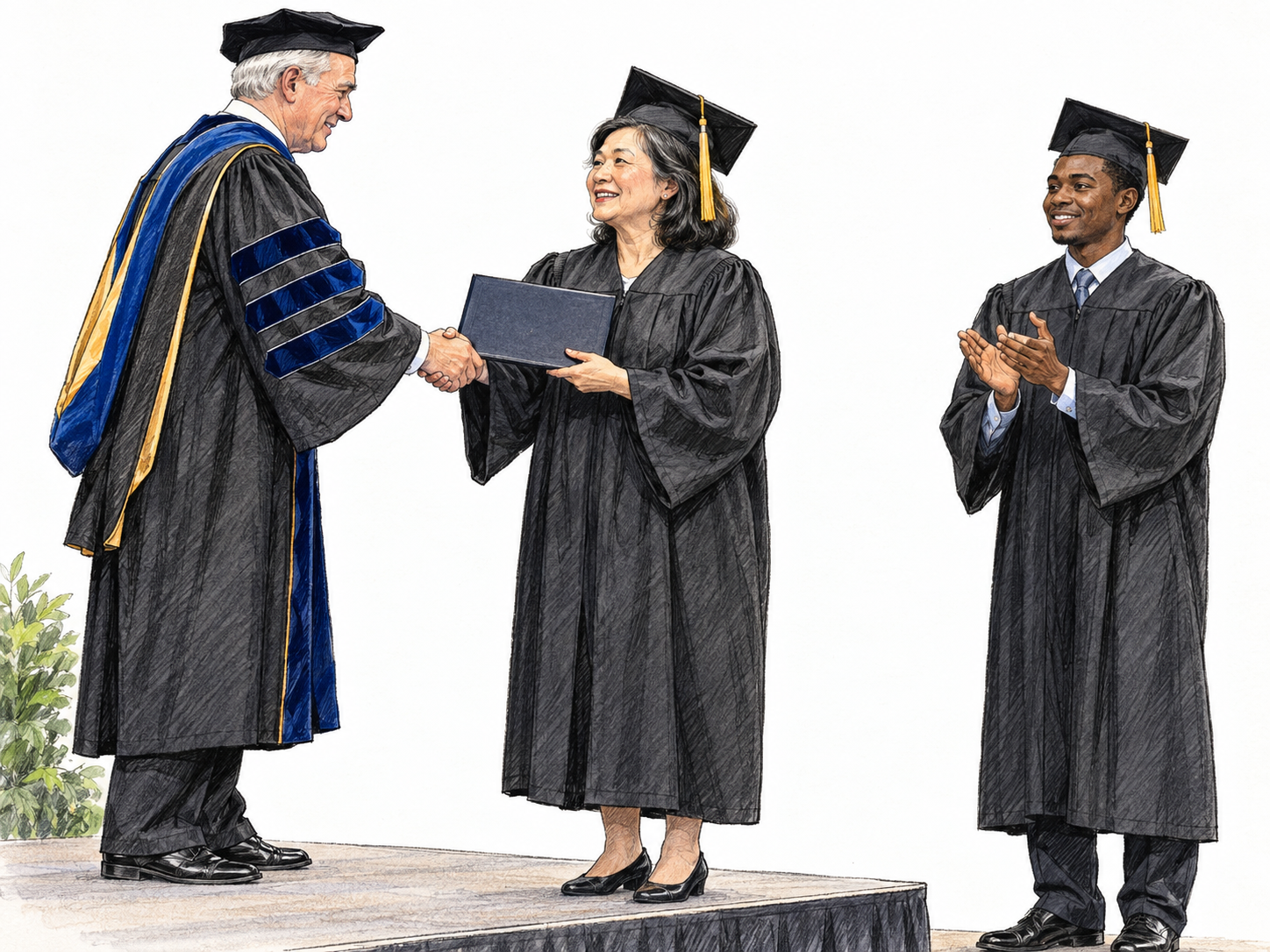 A college graduate in cap and gown receives a diploma from a university official on a small ceremony platform, with another capped graduate waiting nearby.