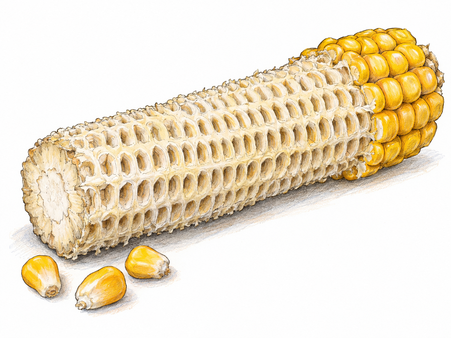 A mostly stripped ear of corn prominently exposes its firm, pale central cob, with a small patch of yellow kernels still attached at one end and several loose kernels beside it.