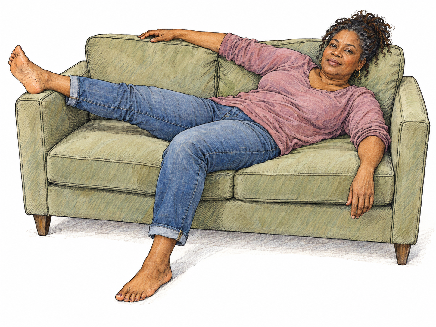 A woman sprawls diagonally across a sofa, her arms and legs loosely splayed beyond its edges, visibly occupying nearly the whole seat in an awkward, ungraceful posture.