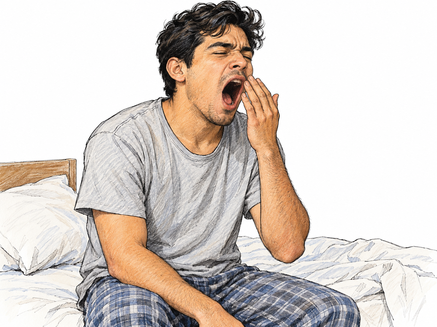 A sleepy young man sitting on the edge of his bed yawns widely, eyes squeezed nearly shut and one hand raised beside his mouth without obscuring it.