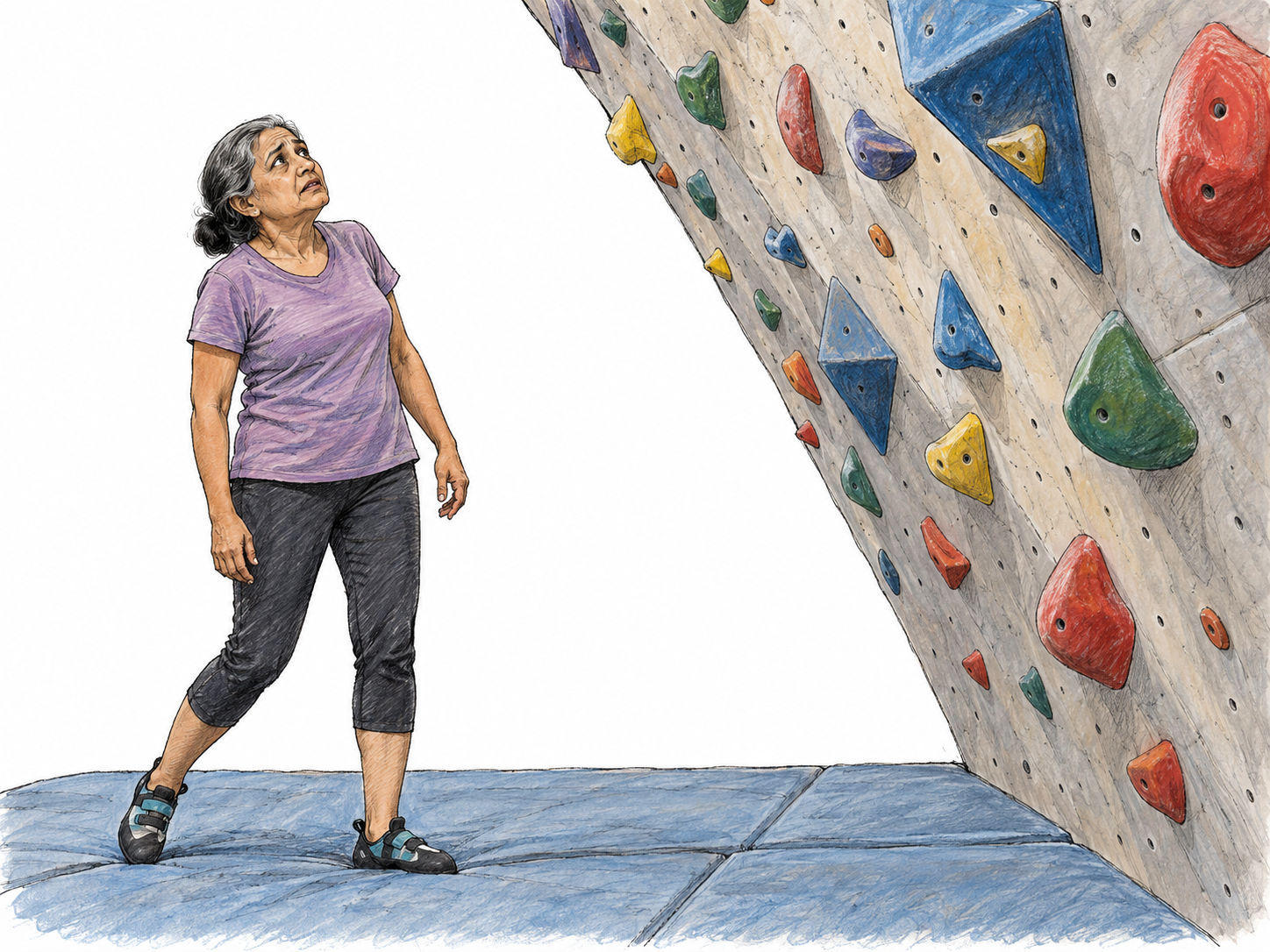 An older woman at the foot of a steep climbing wall hesitates and leans back, visibly intimidated by the difficult ascent.