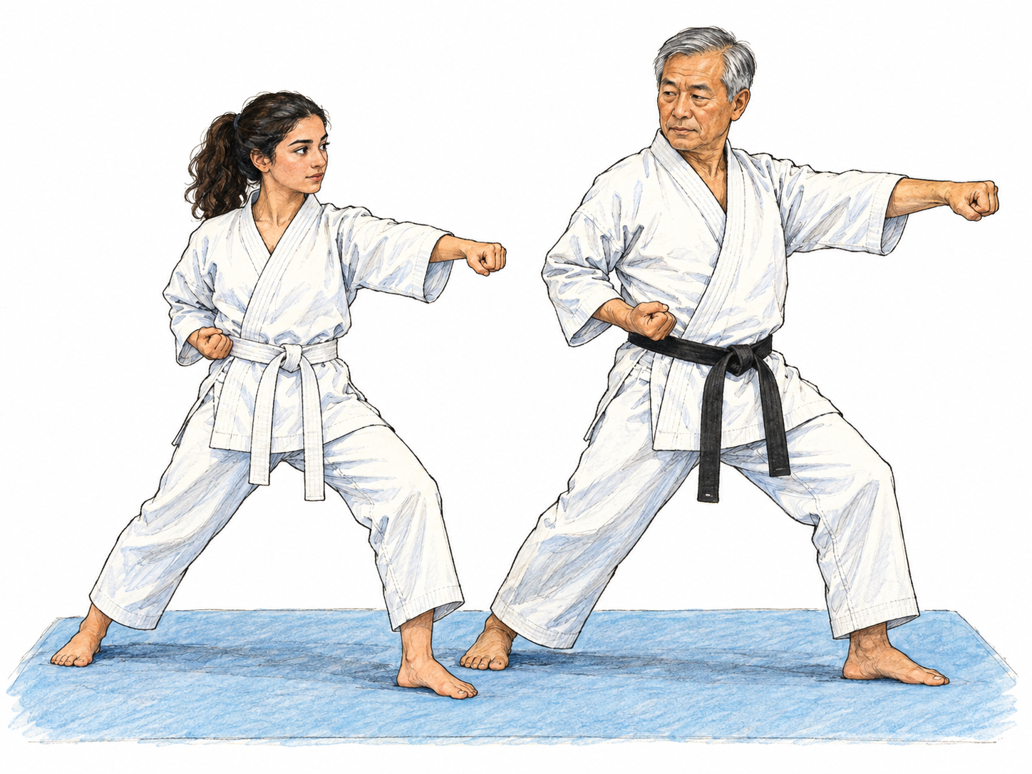 A junior martial-arts student wearing a white belt copies a basic stance demonstrated by an older black-belt instructor.