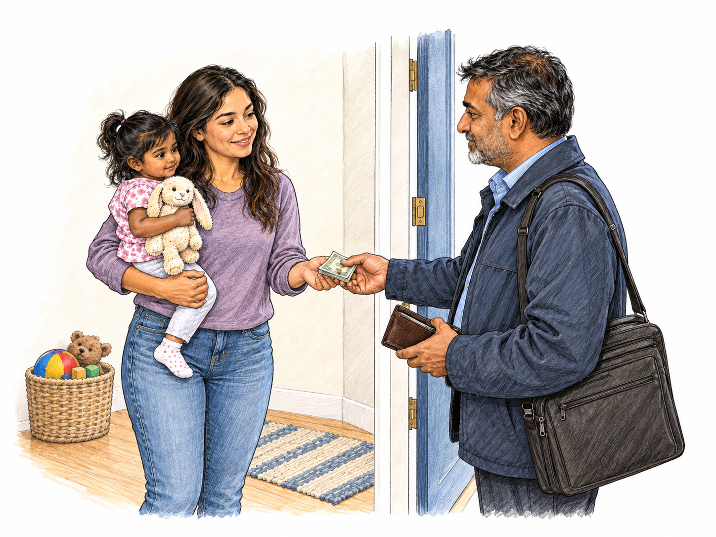 At a home's open front door, a departing parent pays a nanny who remains inside holding and comforting his toddler.