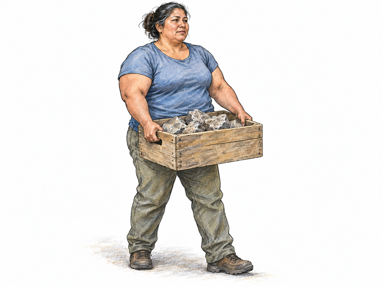 A large, powerfully built woman carries a bulky wooden crate at waist height.