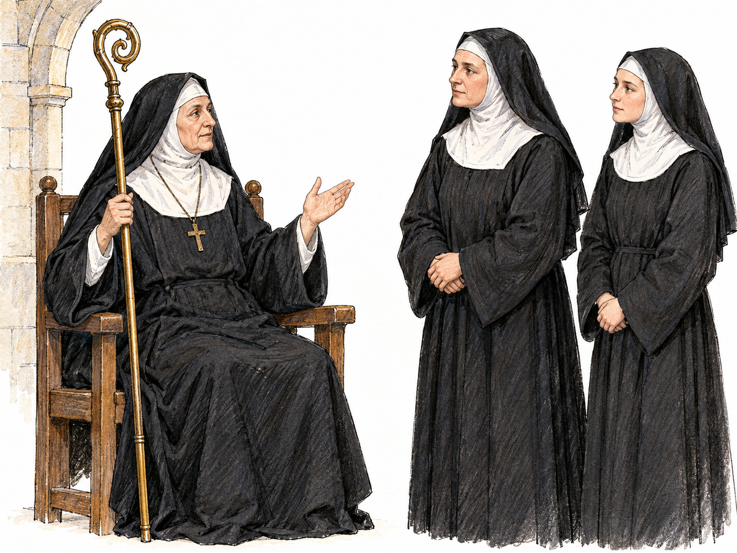 An older abbess seated in the central chair of a convent chapter gathering, holding a crozier while two nuns stand attentively facing her.