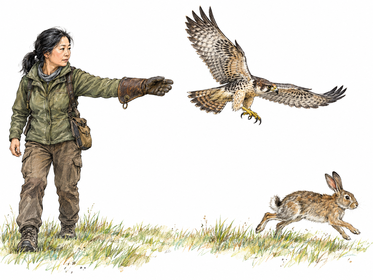 A modern falconer releases a trained falcon from her gloved hand toward a rabbit running across a sparse grassy field, making the hunting purpose clear without depicting injury.