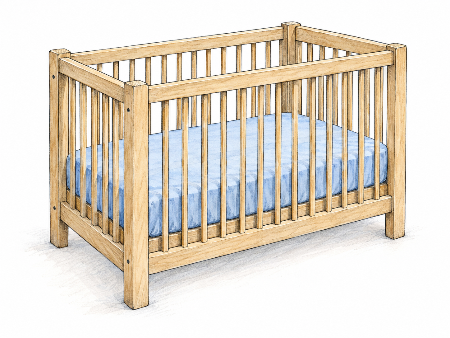 A clearly recognizable empty baby crib: a small raised bed enclosed by tall, closely spaced vertical slats on all four sides, with a fitted mattress visible inside.