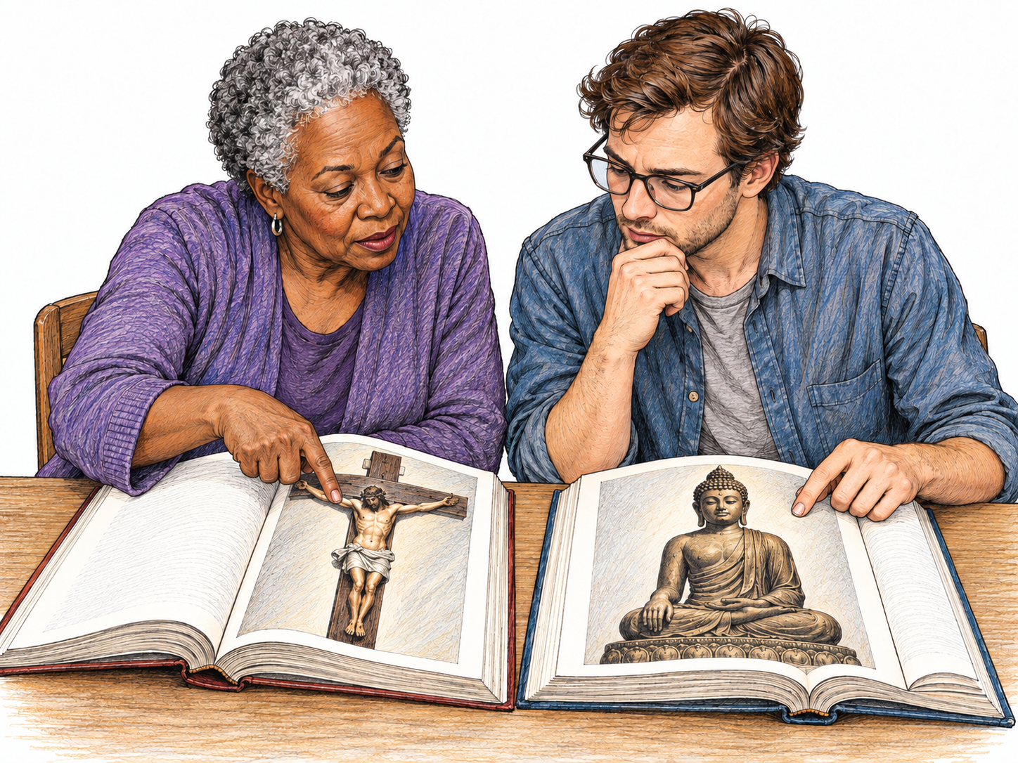 Two scholars compare religious imagery in open reference books, visibly studying religious beliefs rather than participating in worship.