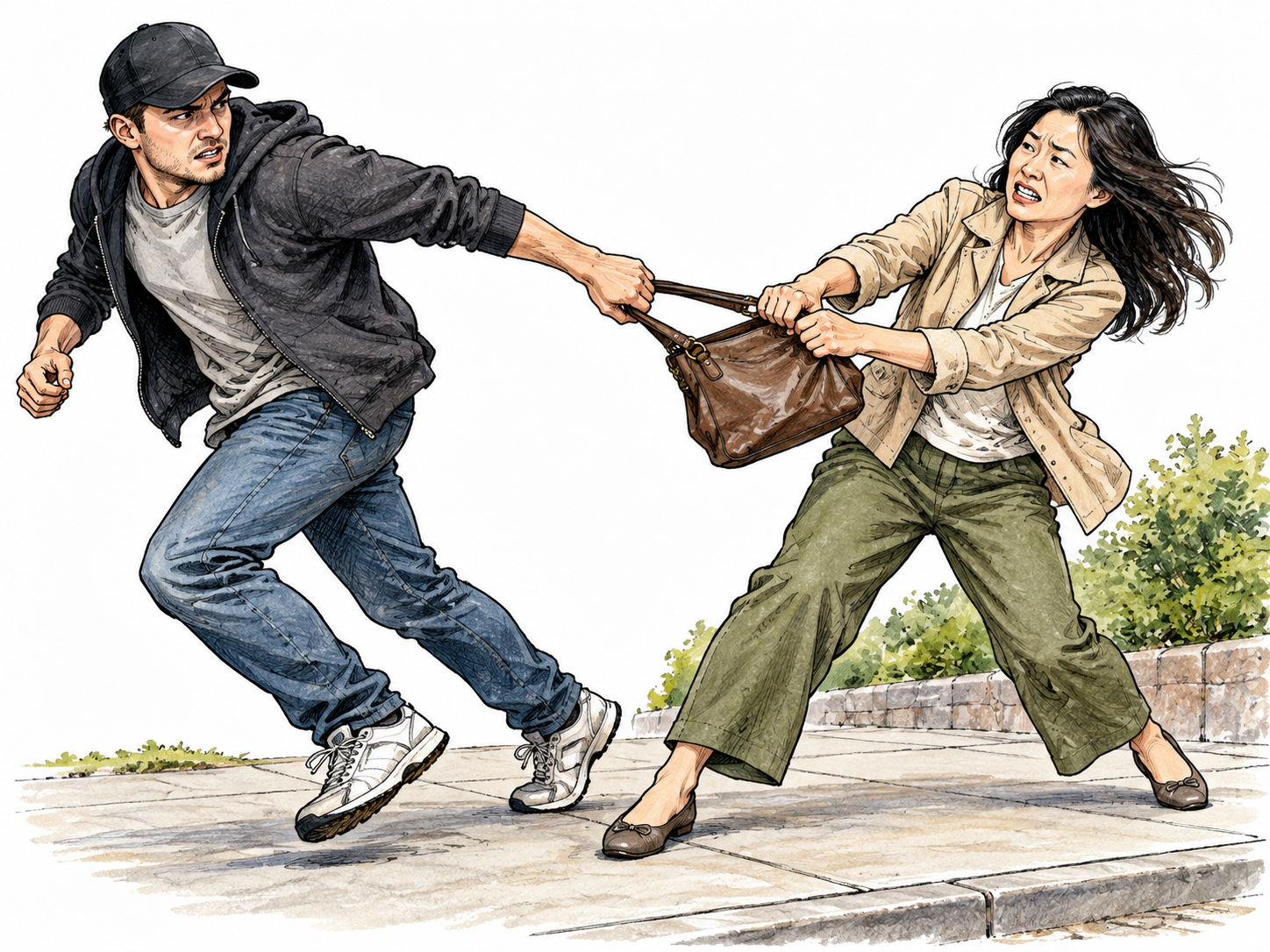 A modern white male robber forcibly yanks an adult East Asian woman's handbag on a sidewalk.