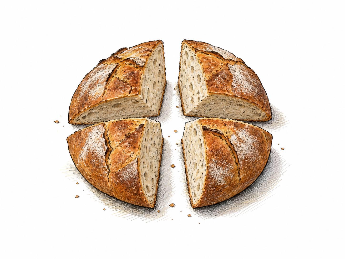 One round bread loaf separated into exactly four quarters with clean gaps between them, division into parts clear; no knife in action or written fractions.