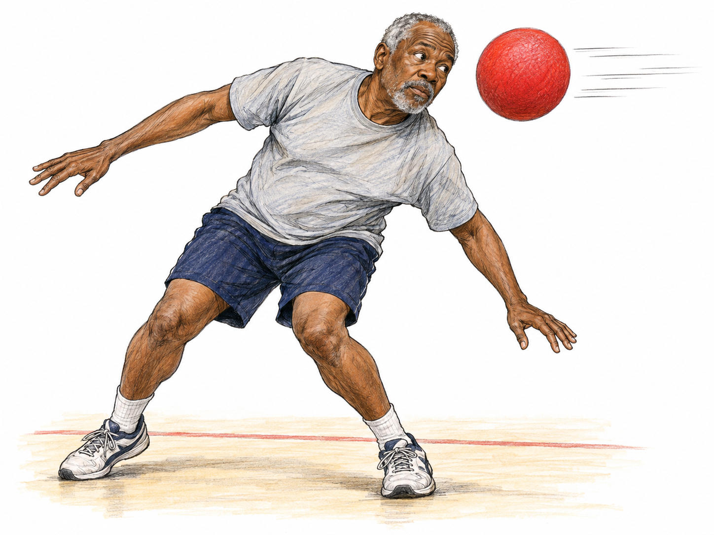 An older man sharply ducks sideways as a soft dodgeball passes through the space where his head had been, visibly avoiding contact.