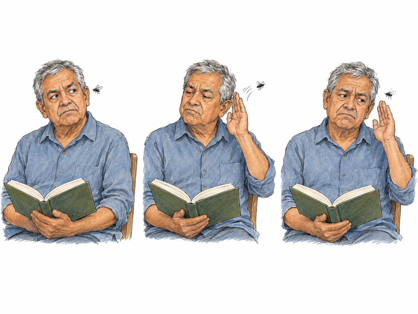 A three-beat sequence shows the same older man repeatedly interrupted while reading by a small fly near his ear.