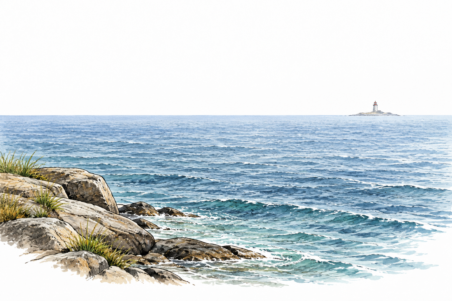 Tiny distant lighthouse across a broad expanse of sea, atmospheric perspective.