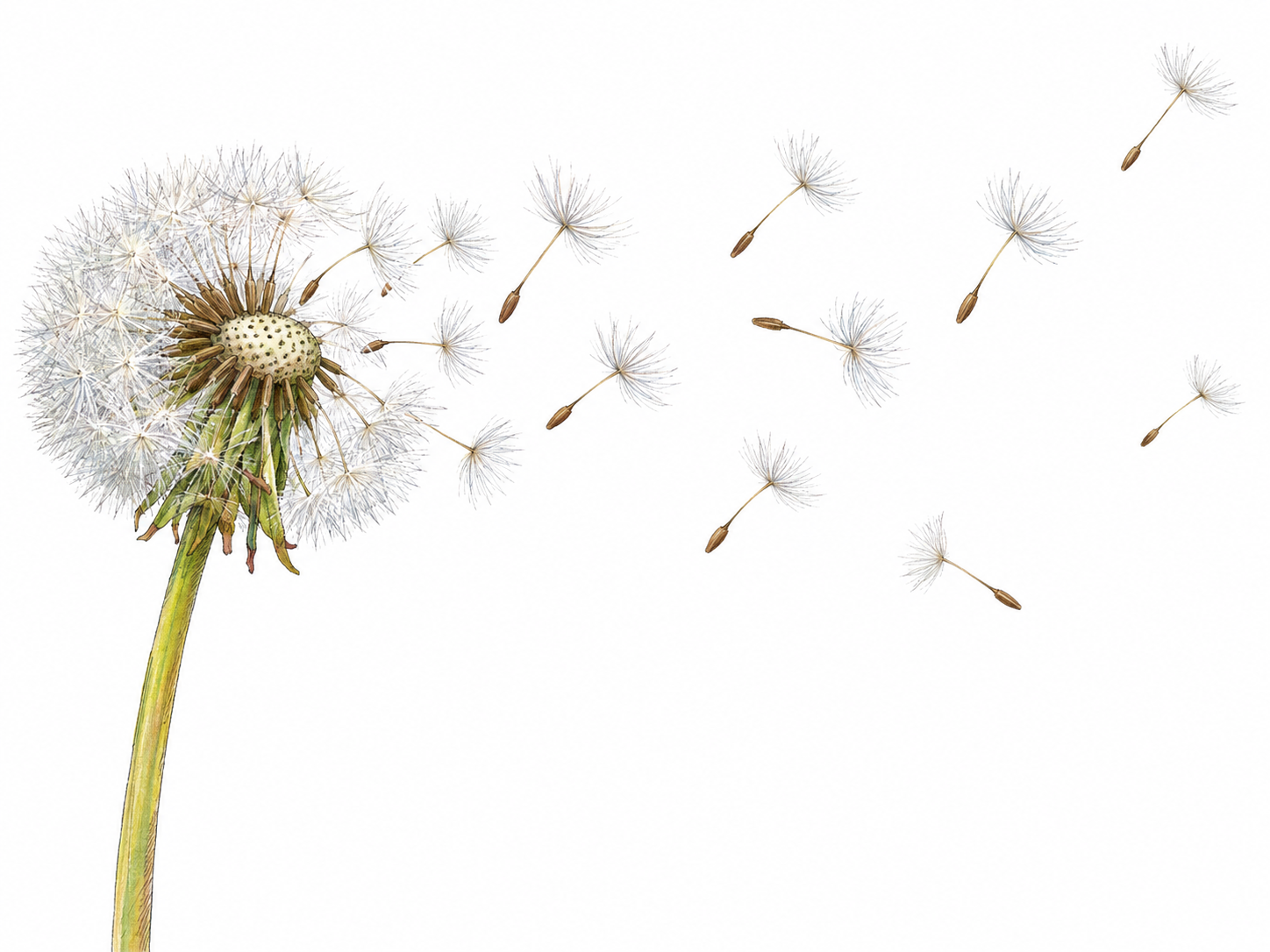 Wind disperses the seeds of a dandelion: a partly bare seed head releases a widening, loosely scattered stream of parachute seeds into open space.