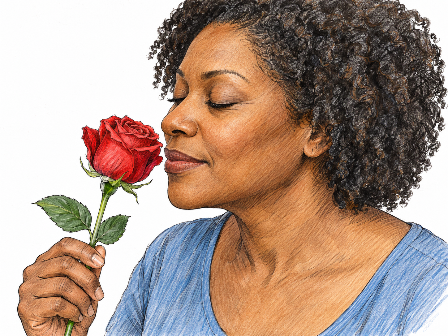 A woman lifts a freshly cut rose just beneath her nose, eyes gently closed as she inhales its scent.