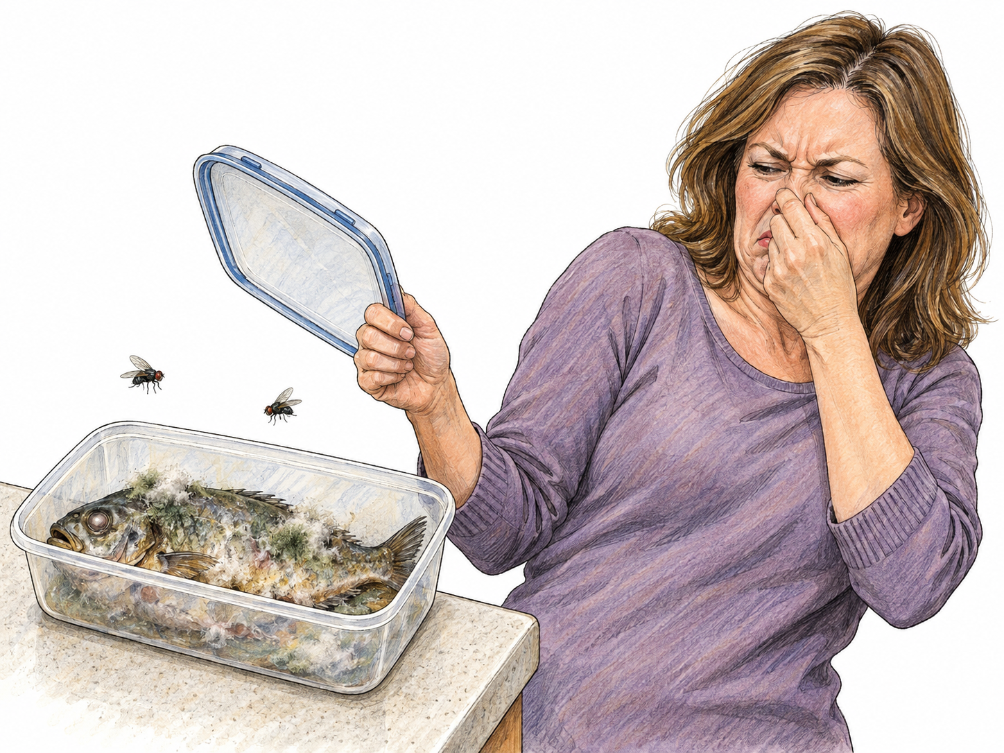 A woman recoils while pinching her nose above an opened food container holding a visibly decomposed fish.