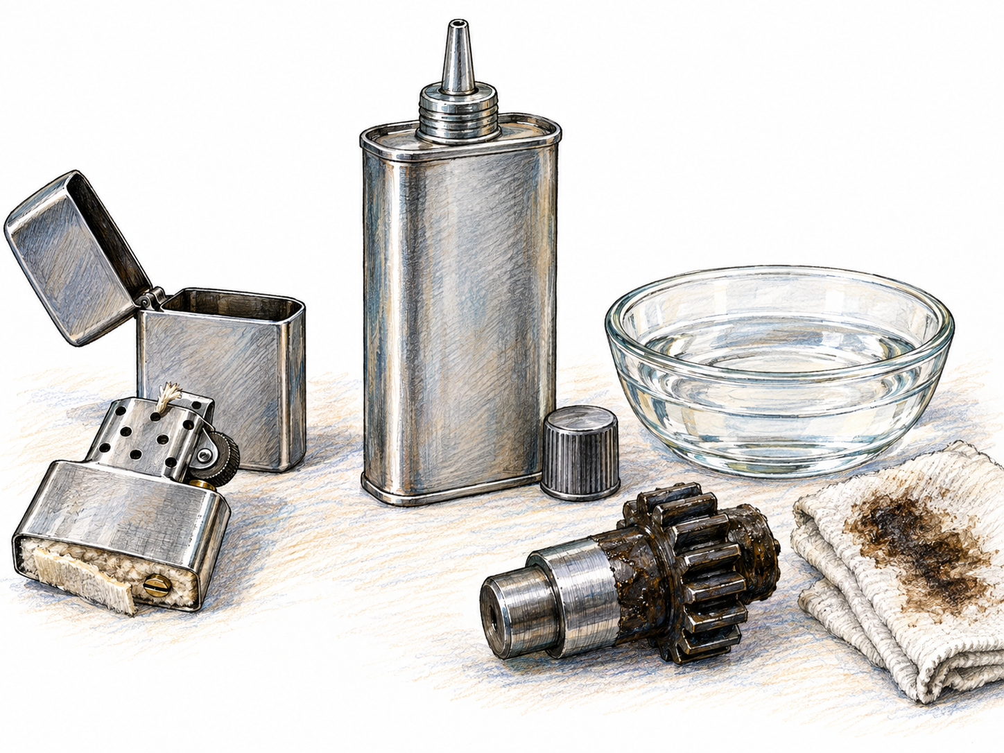 Naphtha represented as a clear petroleum solvent and wick-lighter fuel: one refill can anchors a compact still life showing both practical uses.
