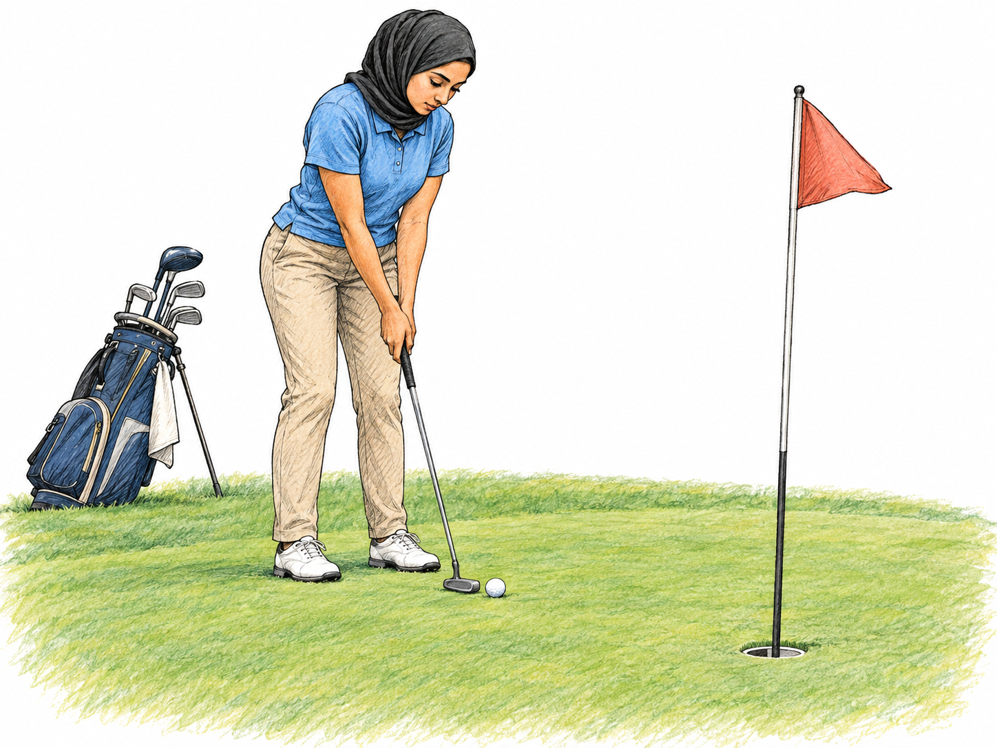 A golfer putting a small white ball toward a clearly visible golf cup on a closely mown green, with a golf bag and clubs nearby.