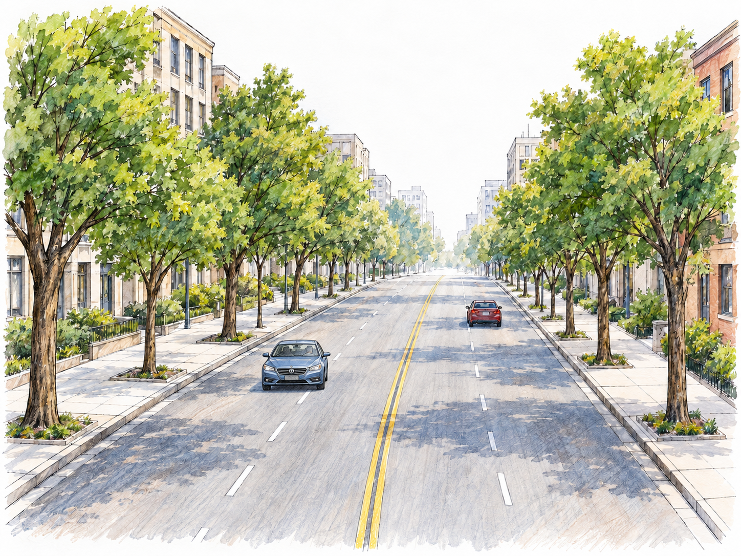 An unobstructed perspective view along a broad urban street, with several traffic lanes, generous sidewalks, and regularly spaced mature trees on both sides.