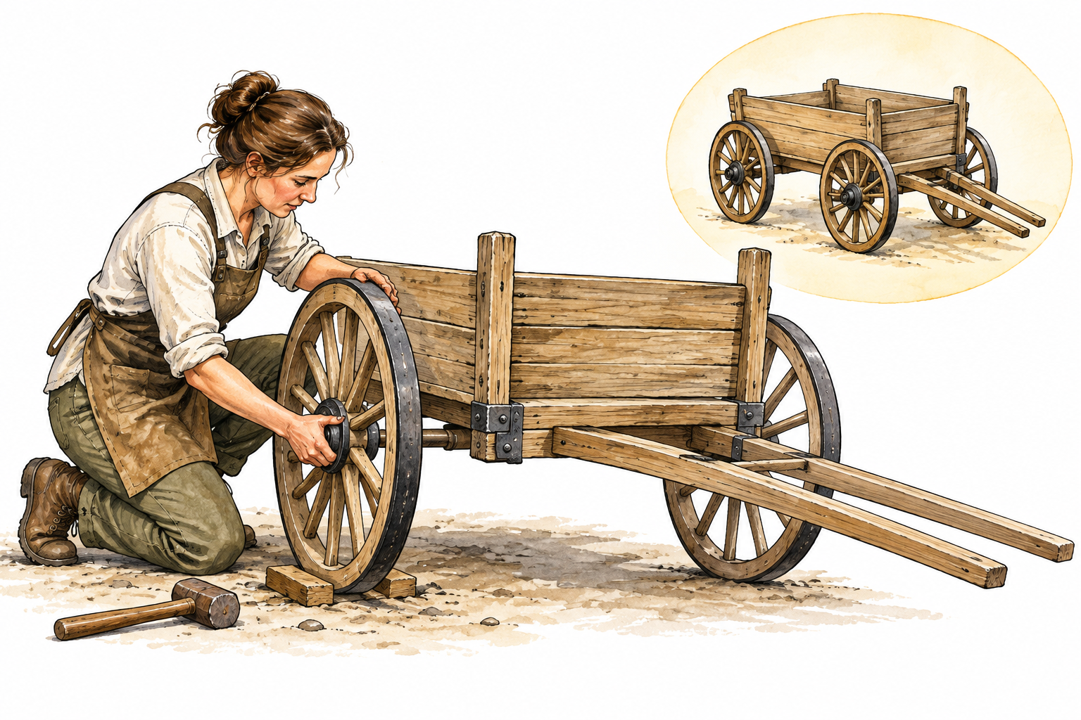 A woman technician carrying out an assembly plan by fitting the final wheel onto a wooden cart, pictorial unlettered diagram beside her matching the finished cart.
