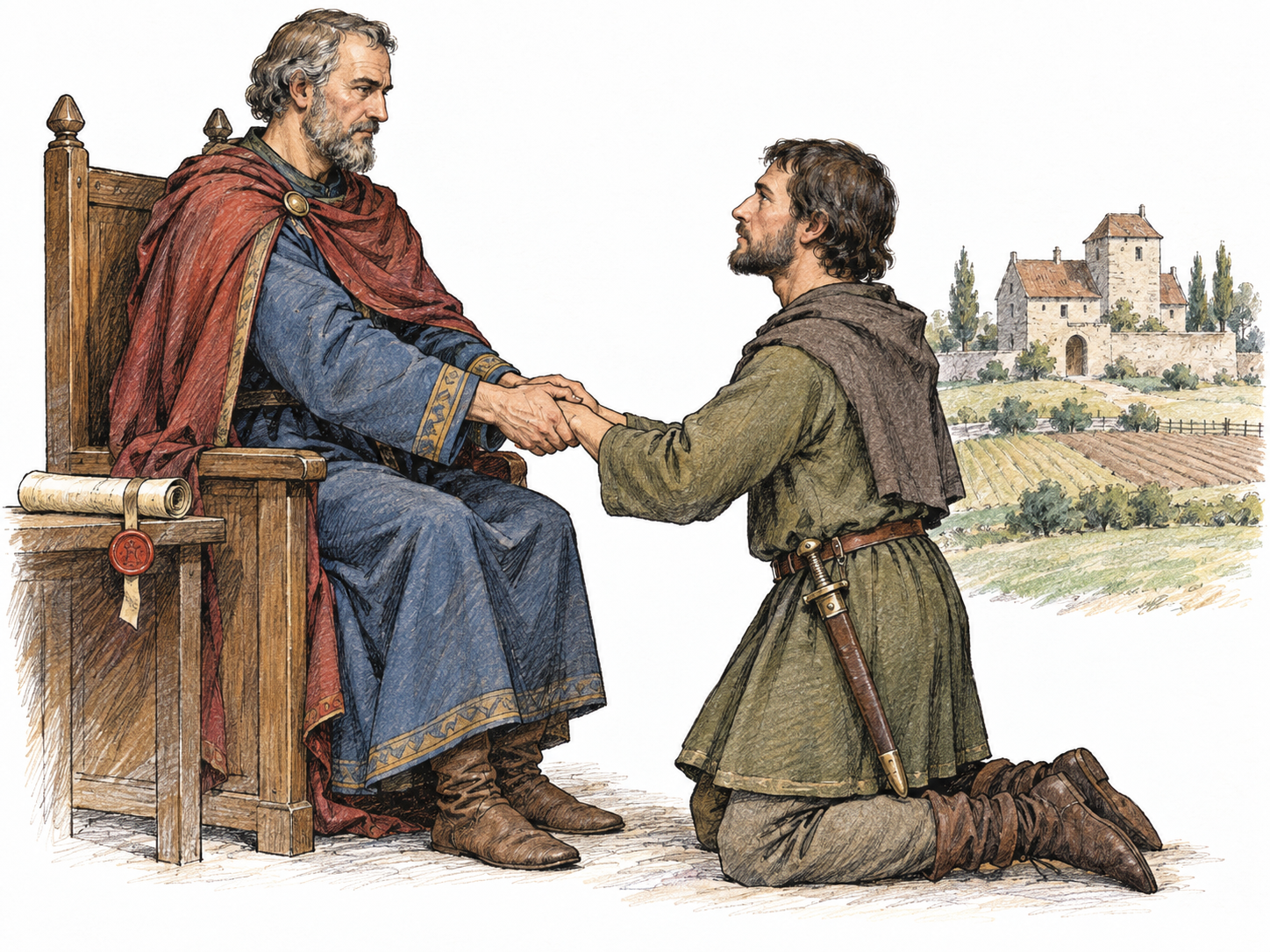 A medieval lord receives homage from a kneeling vassal, enclosing the vassal’s joined hands in his own.