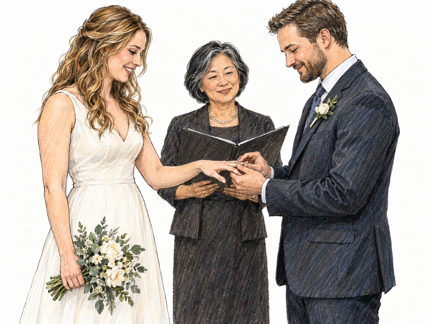 A bride and groom exchange a wedding ring before an officiant, with formal wedding clothes and a small bridal bouquet making the marriage ceremony immediately recognizable.