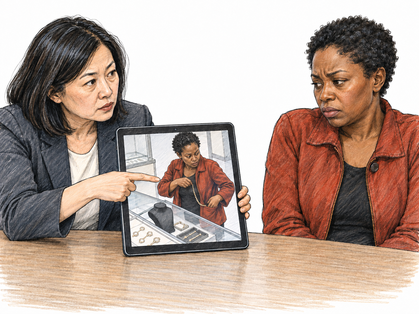 An investigator confronts a woman with a clear security-camera image showing that same woman taking a necklace from a jewelry display.
