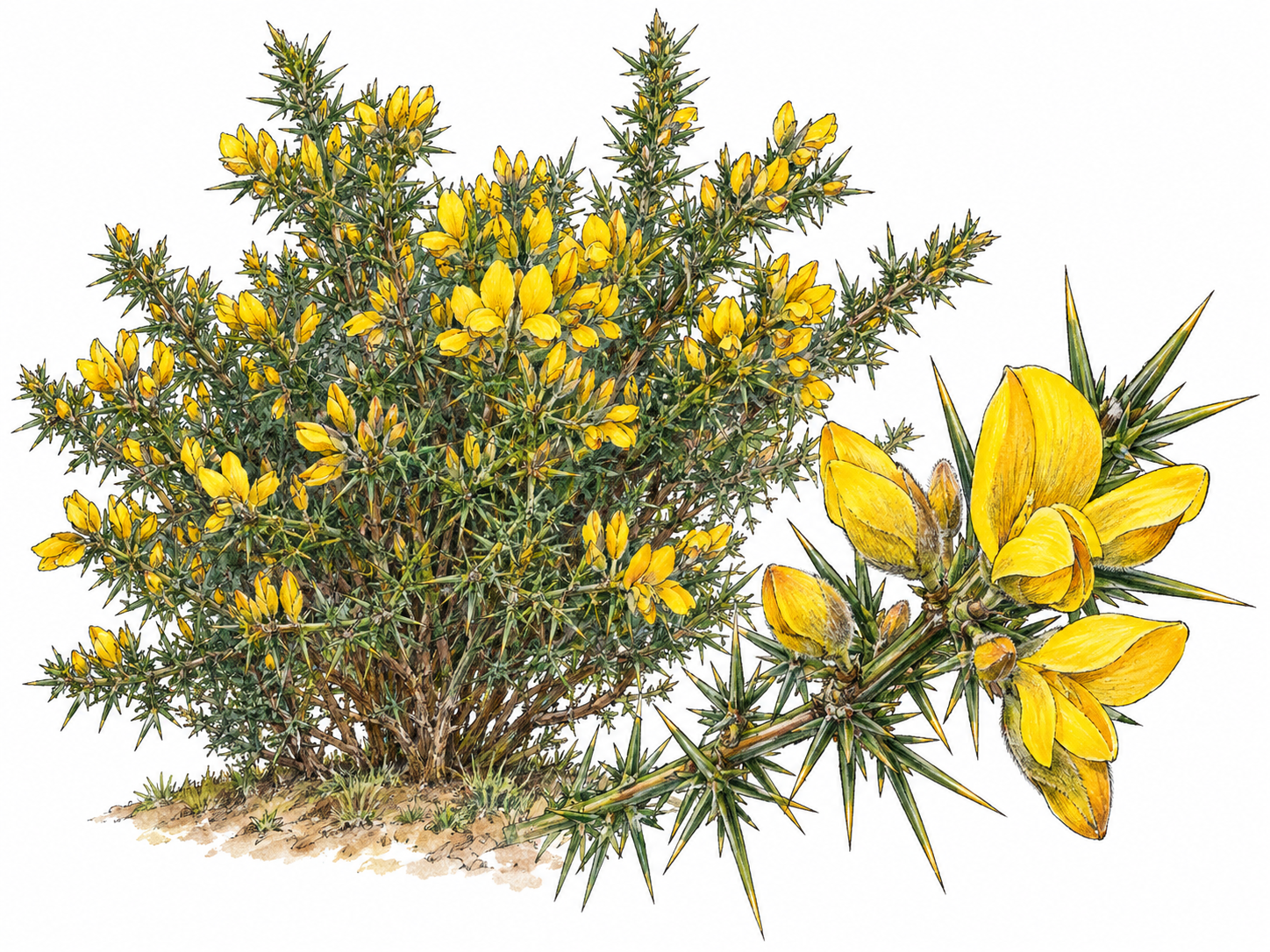 A flowering gorse shrub with dense, sharp green spines and vivid yellow pea-shaped blossoms; a foreground branch makes the prickles and flower structure clearly readable.
